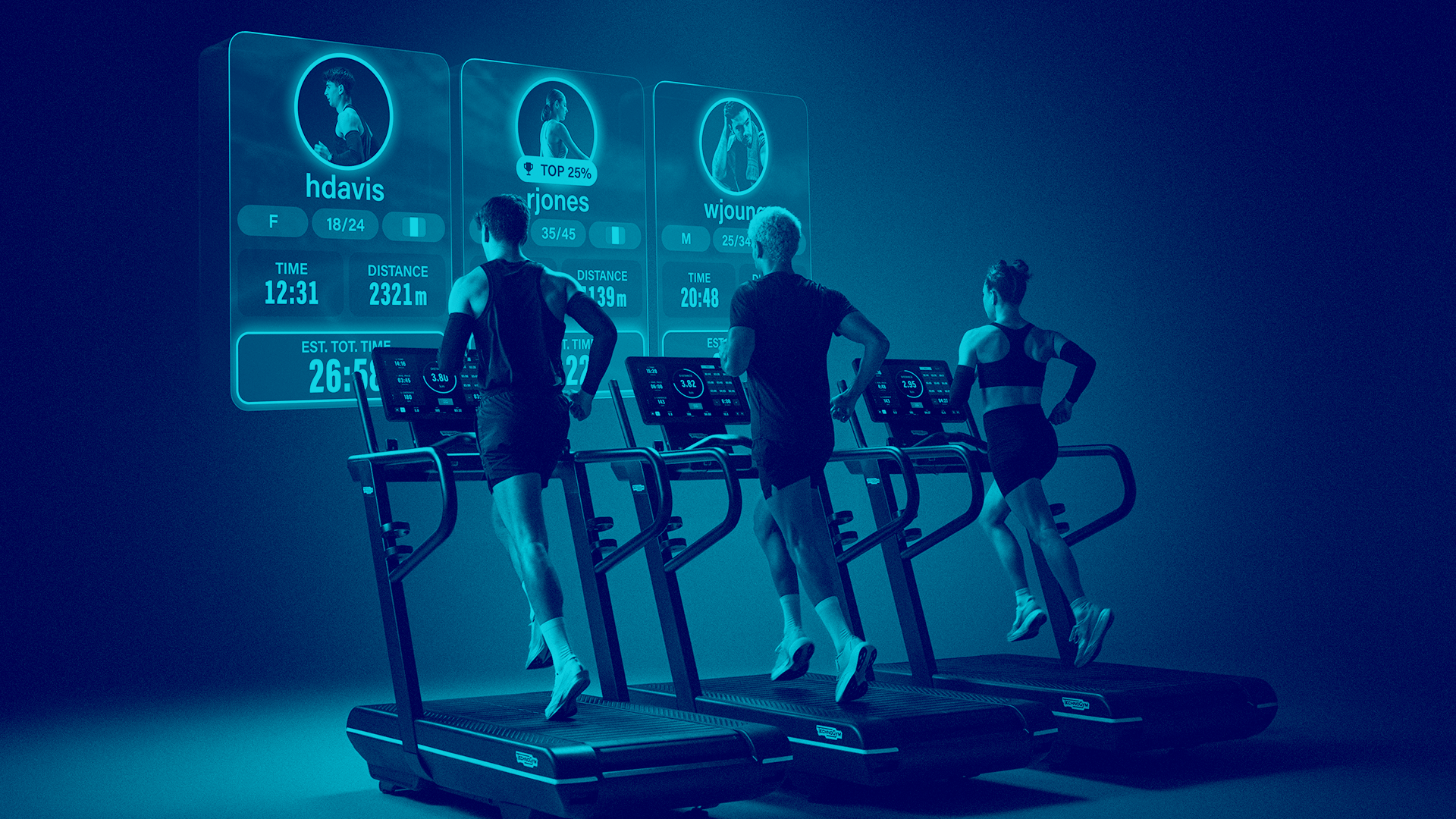 Two men and a women running on treadmills with leadership projected onto the wall