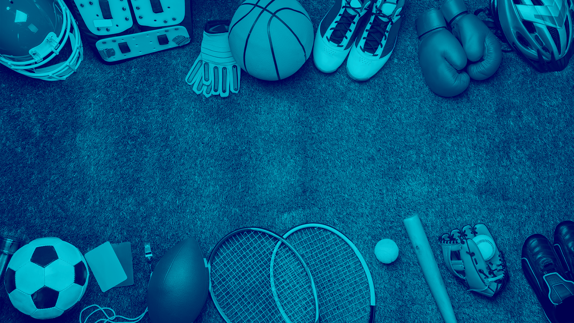 Image of different Sports equipment such as Balls and Tennis rackets on grass
