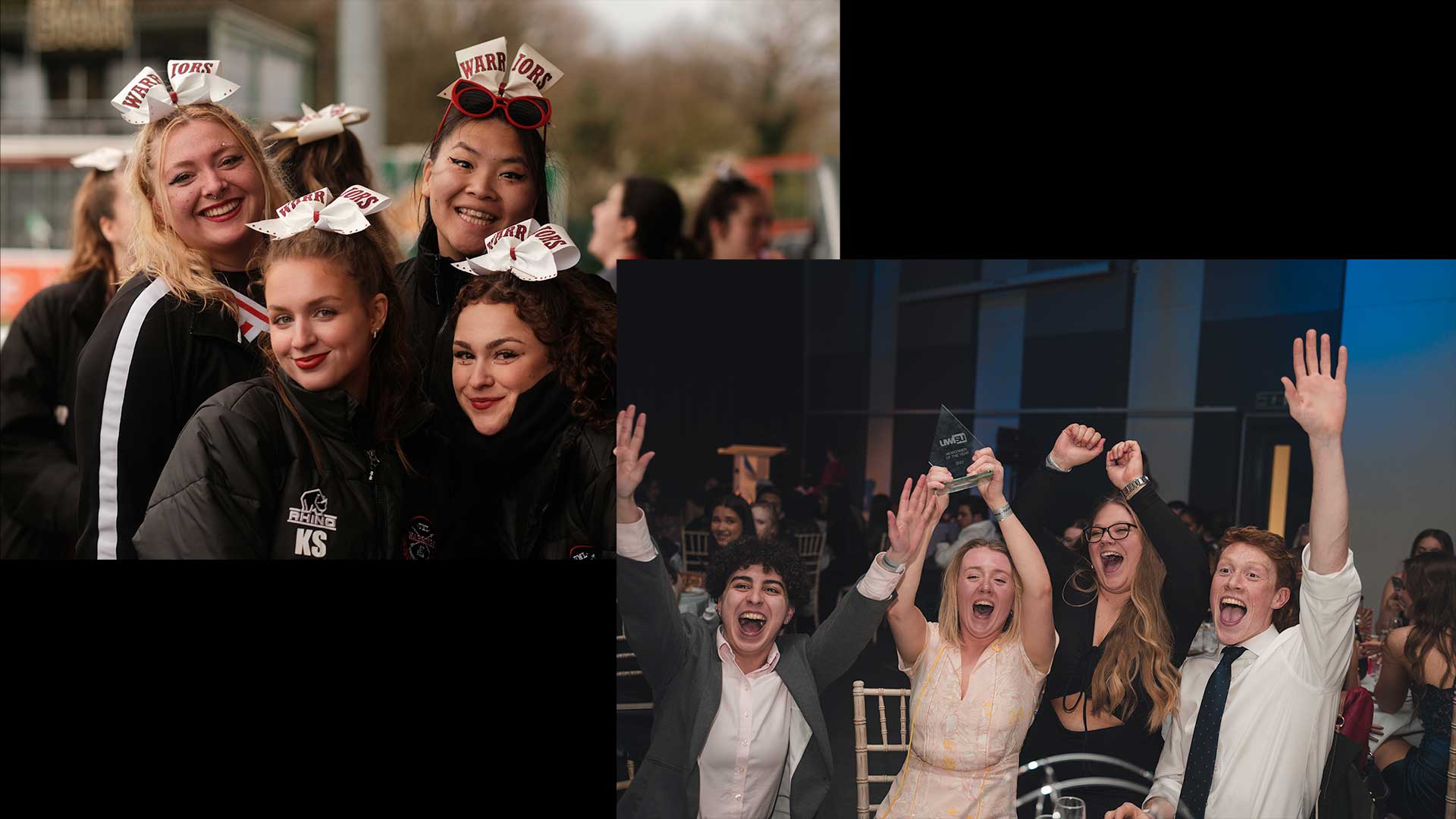 Two photographs overlapping each other in a collage, showing a team of cheerleaders smiling at the camera and a society winning an award at a ceremony